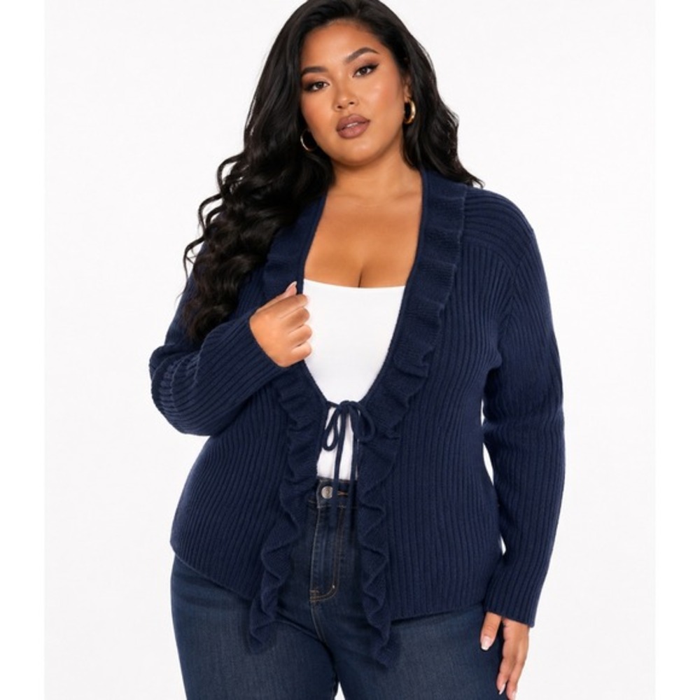 41 Hawthorn Remyโ Ruffle Cardigan Women 1X Navy Blue NWT